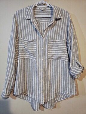 Pure Navy Blue and White Striped Button-Front Shirt 100% Linen Ladies